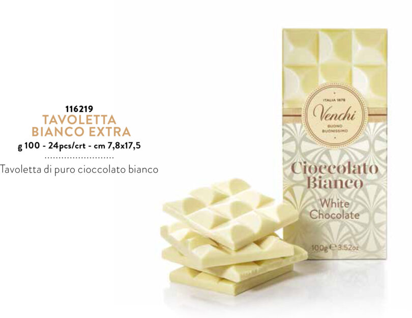 VENCHI TAVOLETTA DI CIOCCOLATO BIANCO 100 GR - ngredienti:zucchero ( 49,4%). burro di cacao (30.5%), latte intero in polvere, siero di latte in polvere, emulsionanete: lecitina di soia, aroma naturale vaniglia senza glutine scadenza: chiedi a info@emporiodelcioccolato.com
