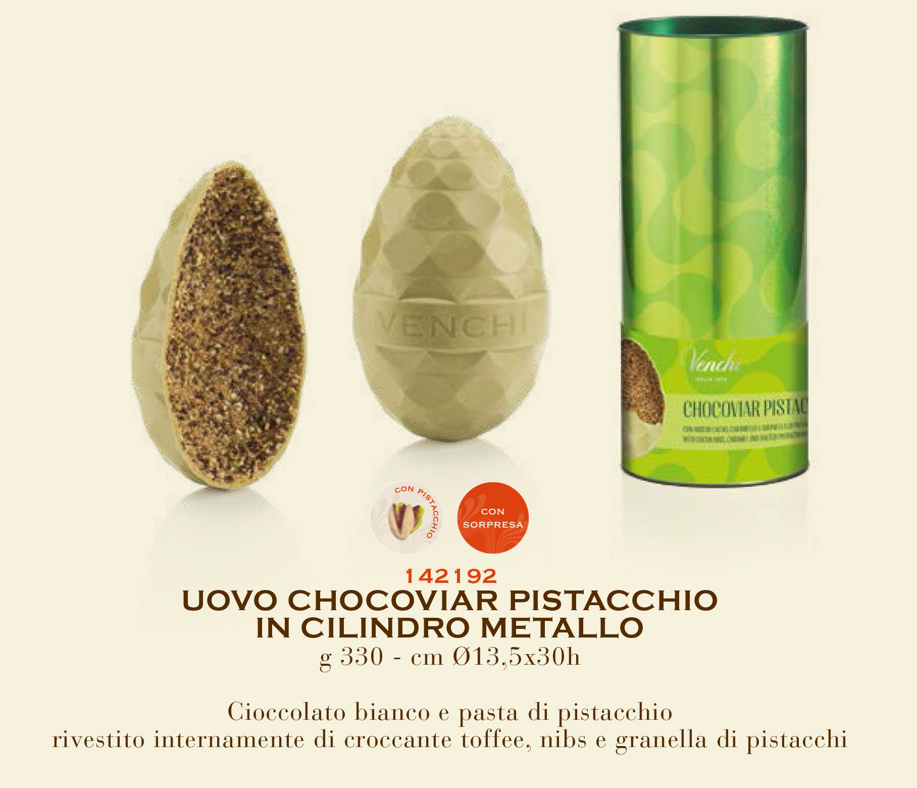 venchi uovo pistacchio in cilindro di metallo 330 gr