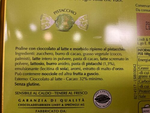 Lista ingredienti scatola quadrata cioccolatini Lindor al pistacchio