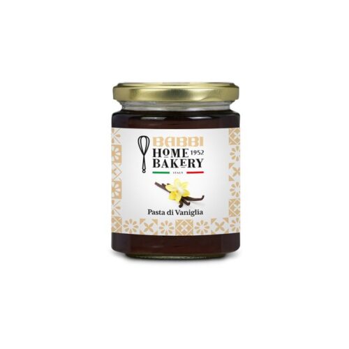 un vasetto di PASTA DI VANIGLIA marca. Vasetto in vetro con coperchio giallo oro, etichetta bianca con immagine bacca e fiore di vaniglia