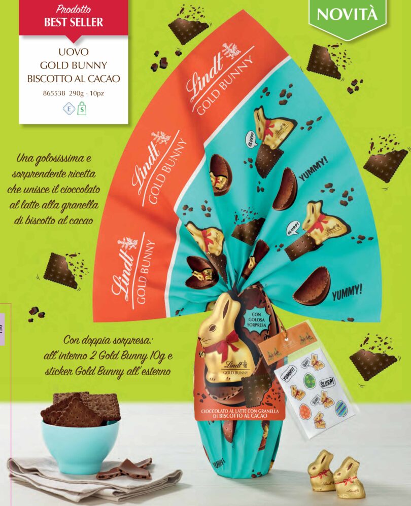 Uovo lindt gold bunny con cioccolato unito a biscotto al cacao, folder di presentazione